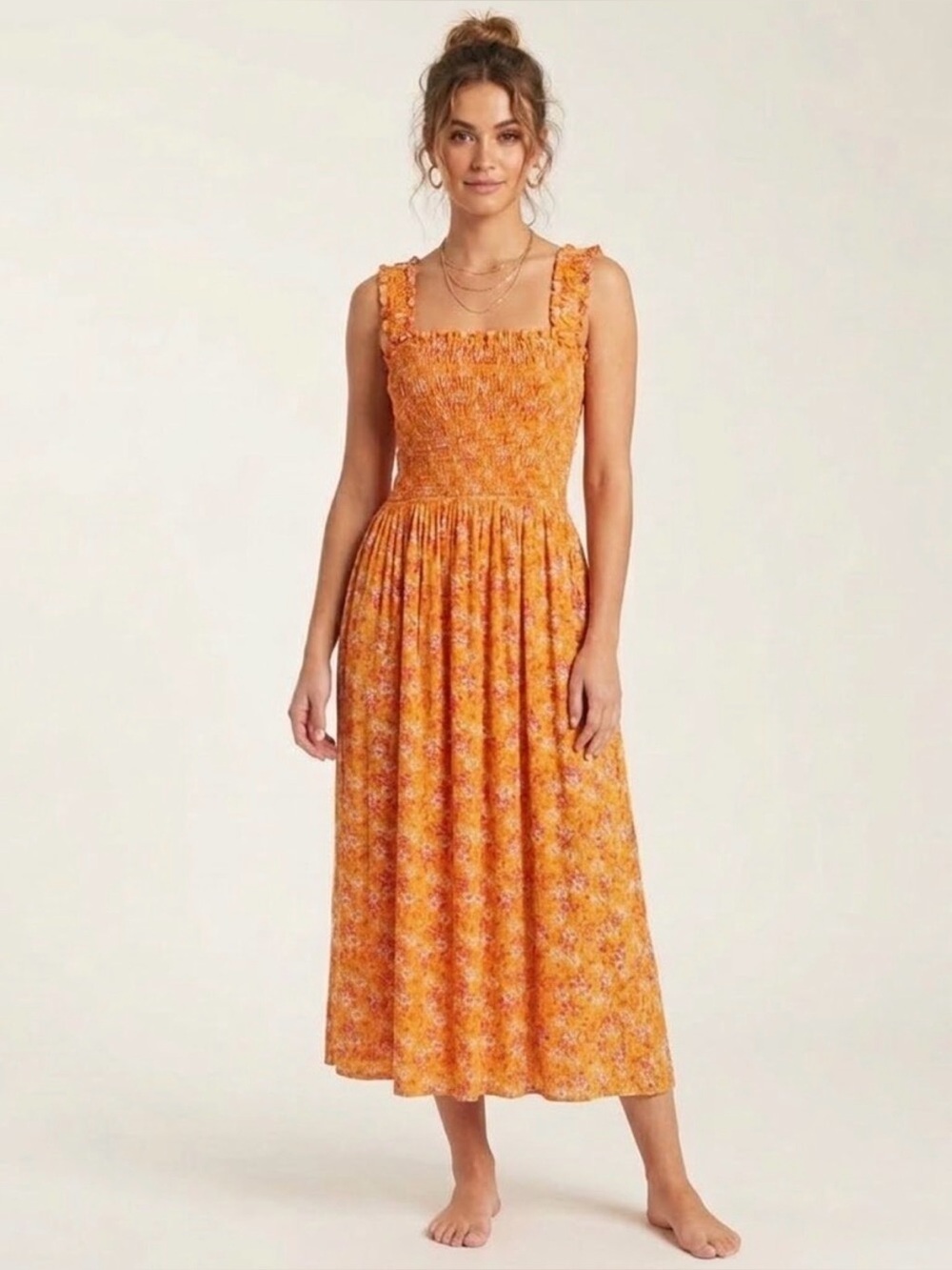 WAYF Orange Floral Smocked Midi Dress Small Ruffle Strap Lined Summer Size M